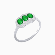 Three-Stone Oval Gemstone Ring with Diamond Halos - Shahin Jewelry